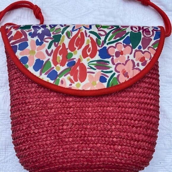 Vintage Ken Done Red Straw Beach Art Work Purse - Picture 2 of 6